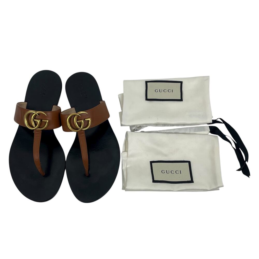 Gucci Leather Thong Sandals Gold Double G Logo Orange Brown Size 37 - Picture 11 of 11